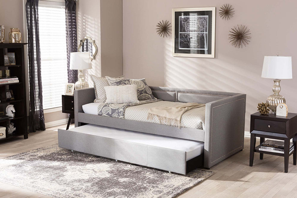 Keegan Linen Fabric Nail Heads Trimmed Sofa Twin Daybed With Trundle, Gray