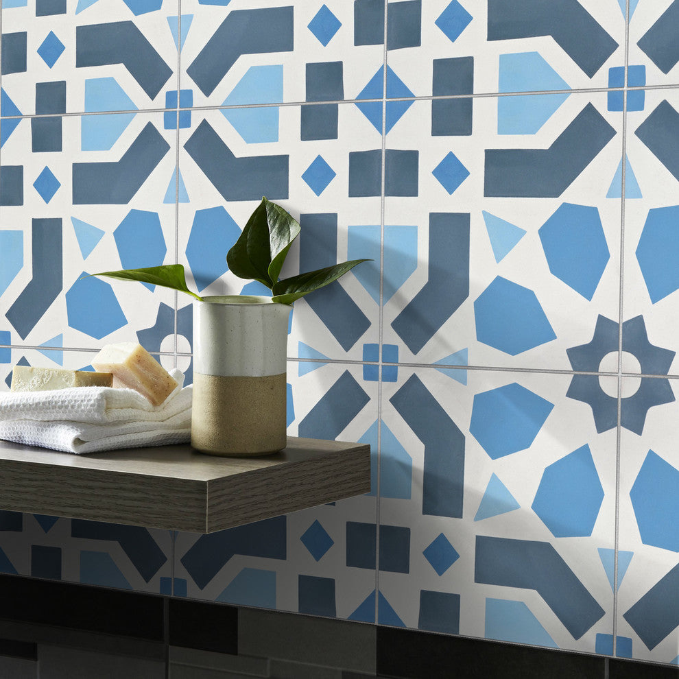 8"x8" Azilal Handmade Cement Tile, Navy Blue-Light Blue, Set of 12