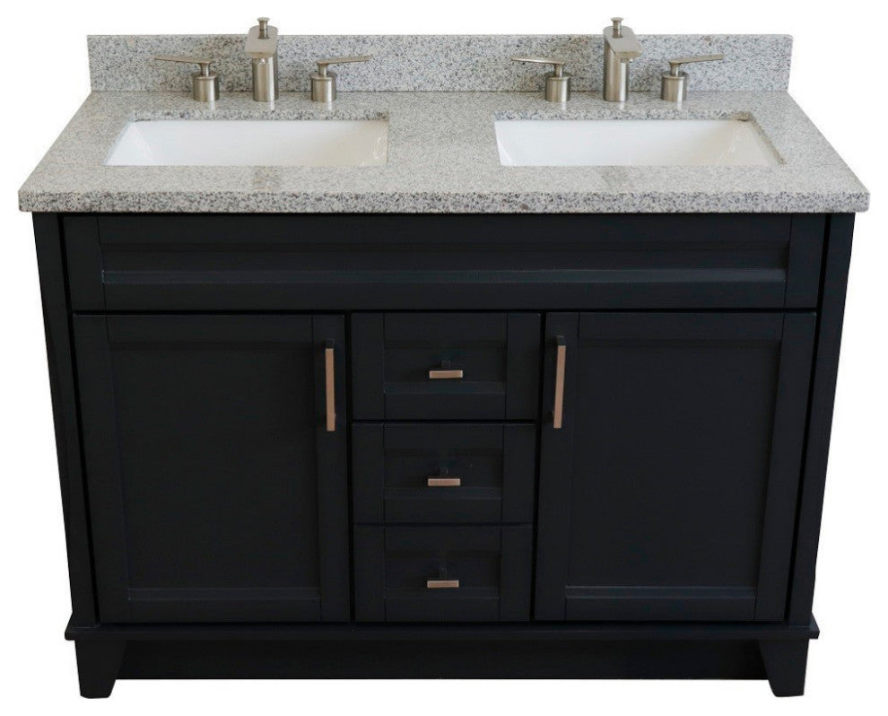 48" Double Sink Vanity, Dark Gray Finish With Gray Granite And Rectangle Sink