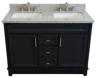48" Double Sink Vanity, Dark Gray Finish With Gray Granite And Rectangle Sink