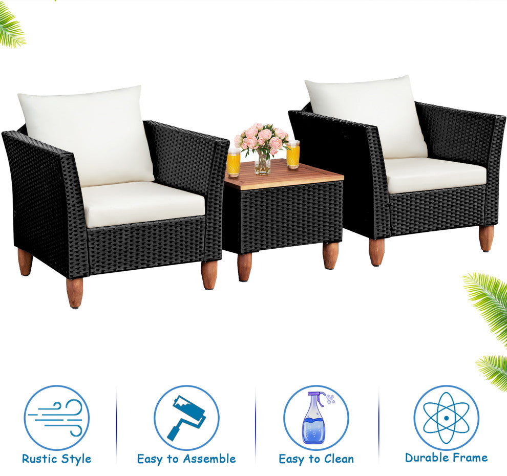 Costway 3PCS Outdoor Patio Rattan Furniture Set Cushioned Sofa Black