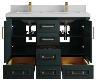 Aberdeen 48" Double Sink Bath Vanity in Dark Forest Green 2" Carrara Quartz