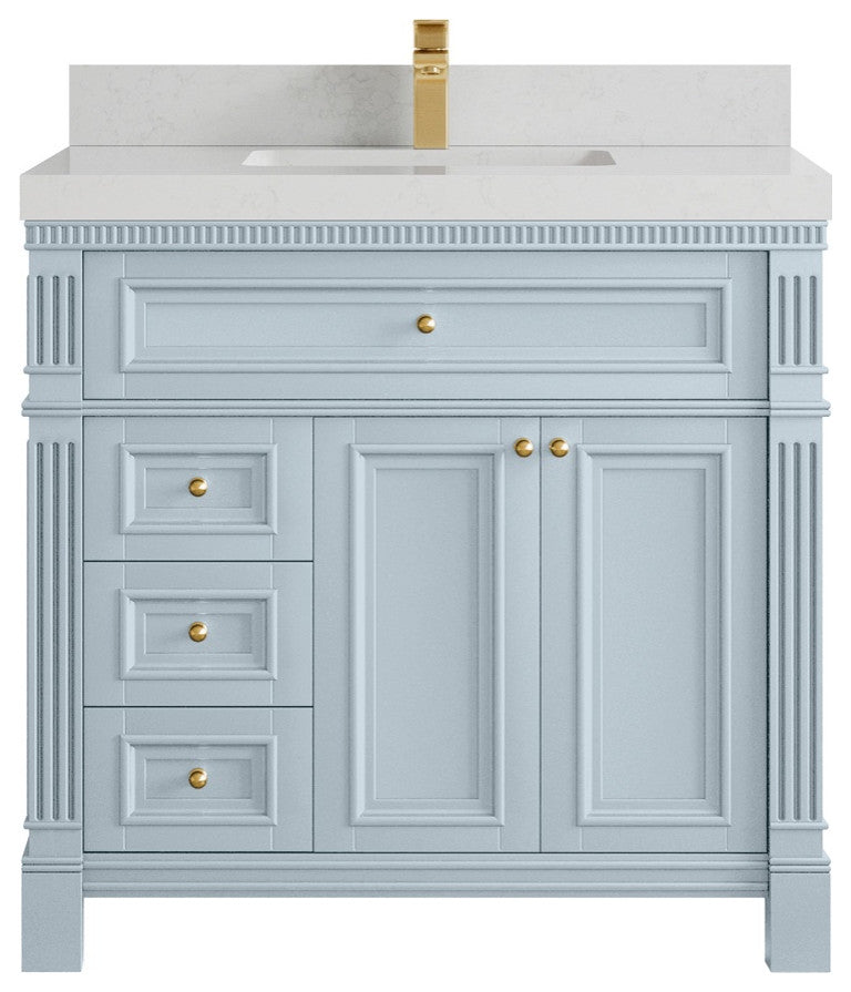 Paris 36" Center Sink Bathroom Vanity, Blue Heather 2" Carrara Quartz