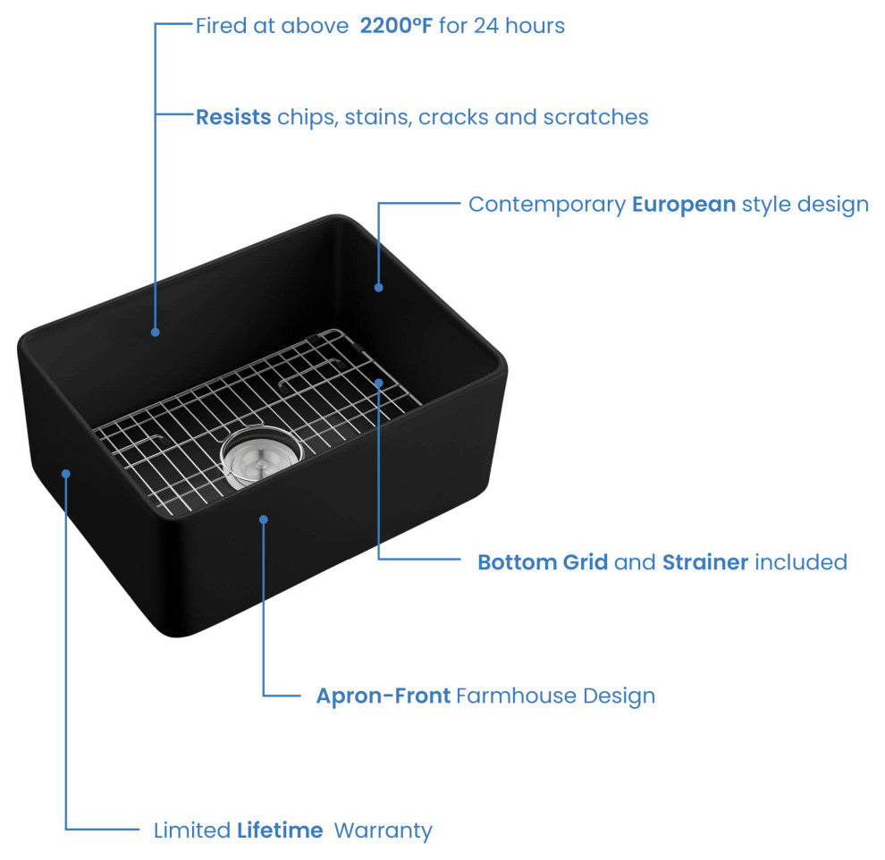 Pure 24" Fireclay Kitchen Farmhouse Apron Front Single Bowl Sink, Matte Black