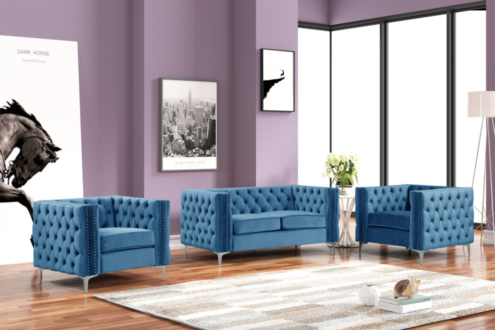 Rebekah 3 Piece Velvet Living Room Set, Gery, Navy Blue, 19''Hx70''Wx24'' D