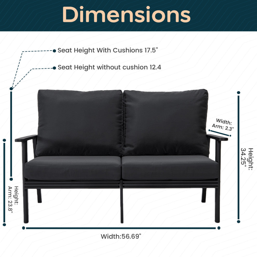 Leisuremod Walbrooke Patio Loveseat With Black Aluminum Frame, Charcoal