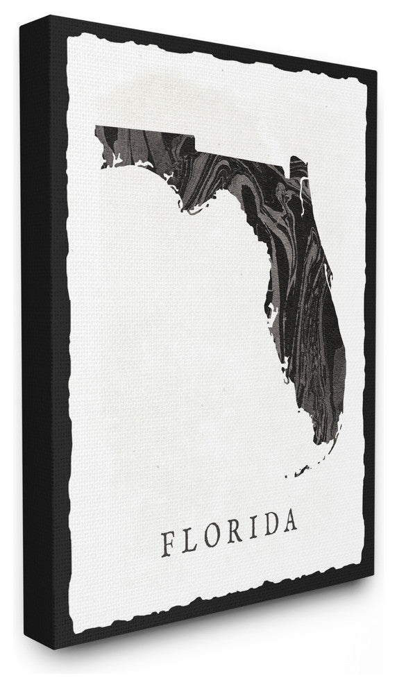 Black and Grey Marbled Paper Florida State Silhouette Stretched Canvas, 24"x30"