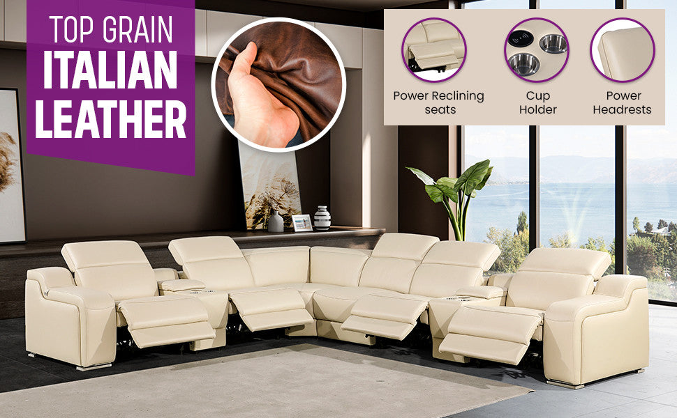 Marco-8-Piece, 4-Power Reclining Italian Leather Sectional, Light Gray