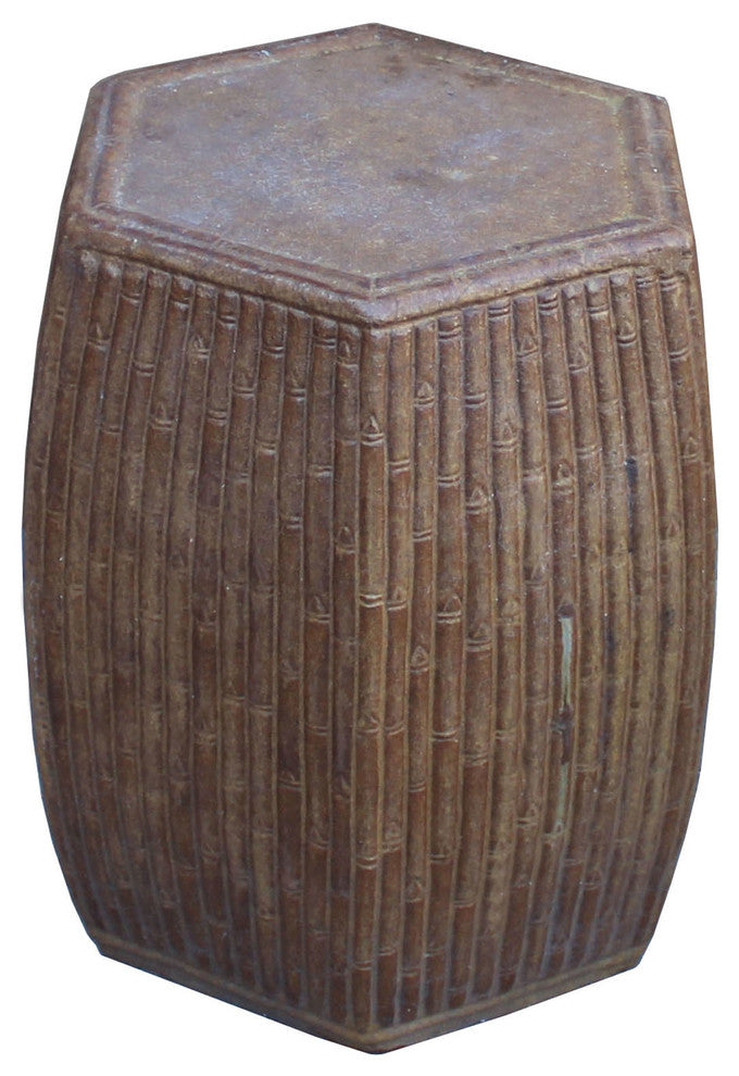 Chinese Hexagon Bamboo Theme Brown Ceramic Clay Garden Stool