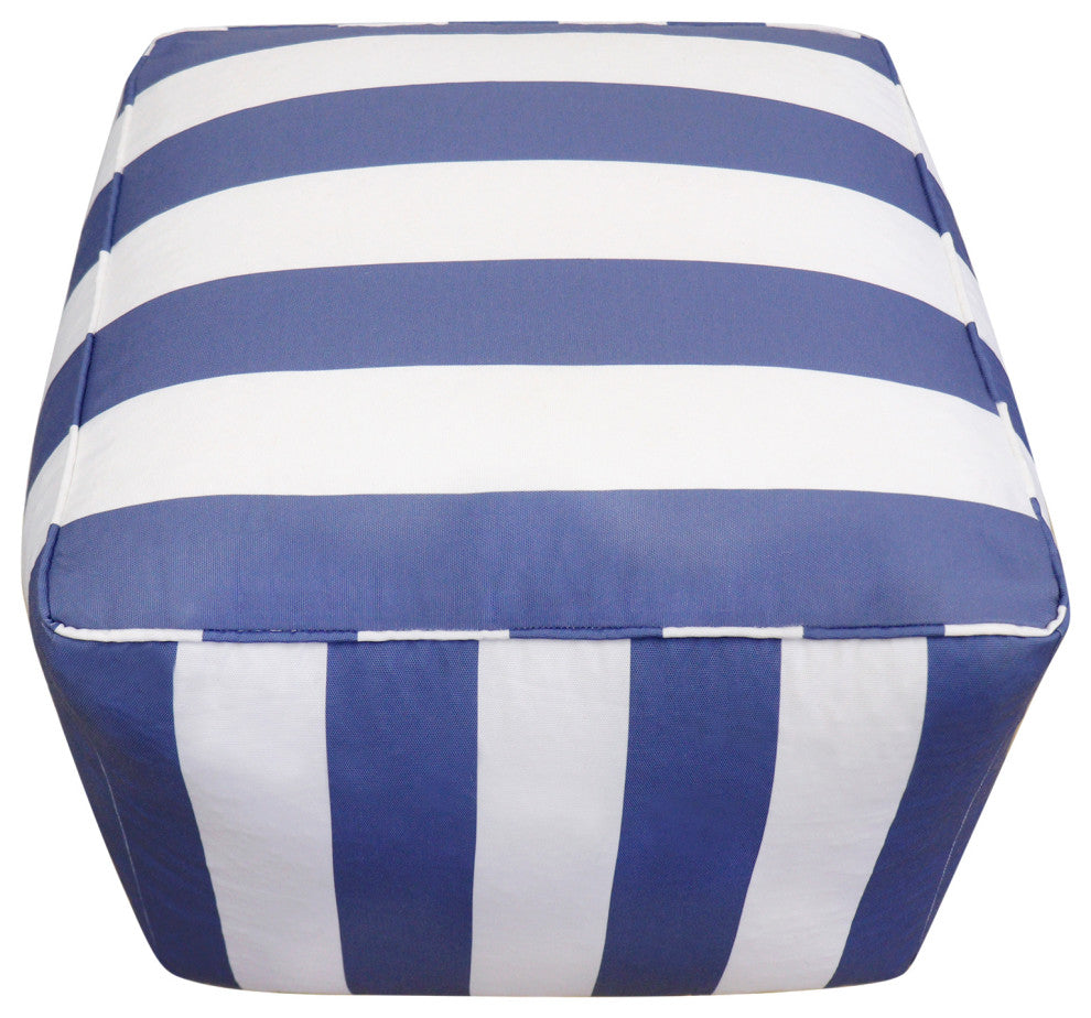 Pasargad Home Galaxy Collection White/Blue Poly Fabric Striped Pouf
