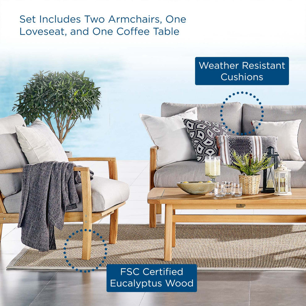 Lounge Sectional Sofa Chair Set, Wood, Brown Natural Gray, Modern, Outdoor