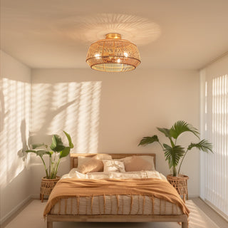 Bohemian Rattan Semi-Flush Mount Ceiling Light, 16'' W-3 Lights