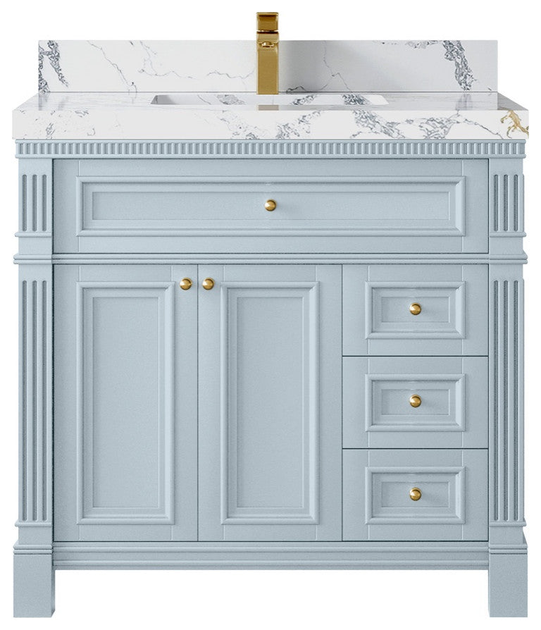 Paris 36" Center Sink Bathroom Vanity, Blue Heather 2" Calacatta Poannazo