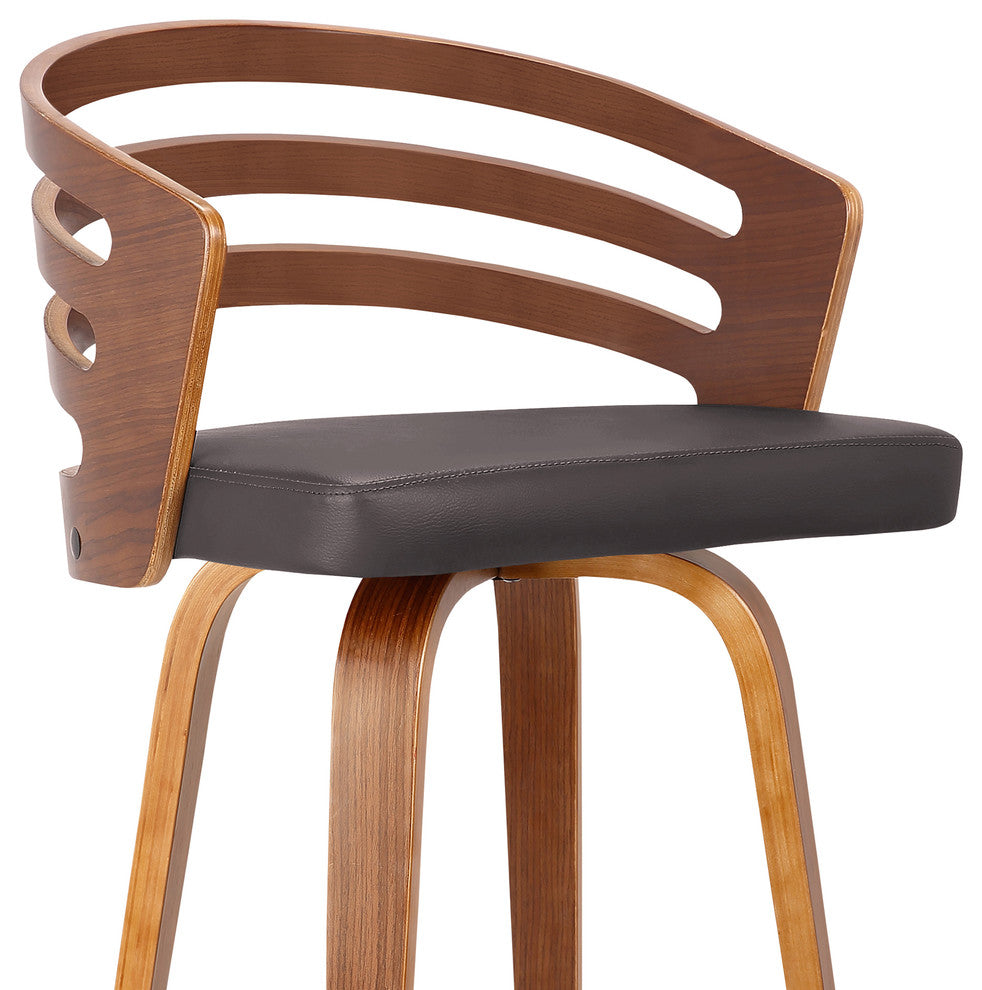 Aberdeen 30" Mid-Century Swivel Barstool, Brown Faux Leather With Walnut Veneer