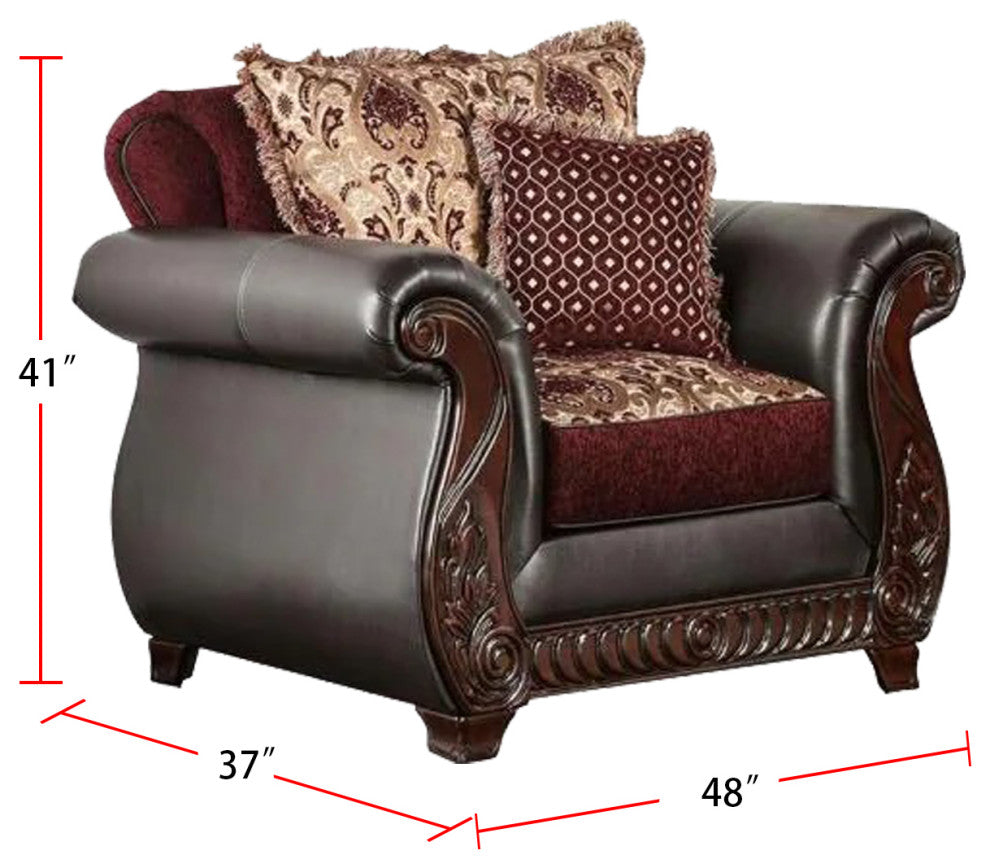 Fabric and Leatherette Chair with Rolled Arms Design, Burgundy