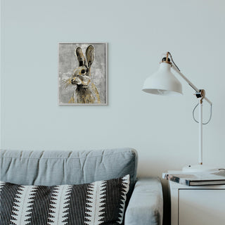 Rabbit Newspaper Collage Gray Gold Design, 11"x14", Gray Frame