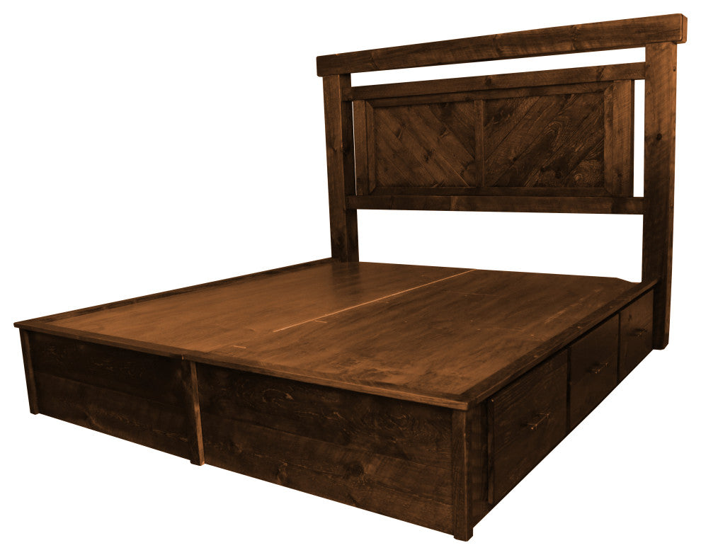 Barnwood Style Timber Peg Panel Platform Bed, Early American, Queen