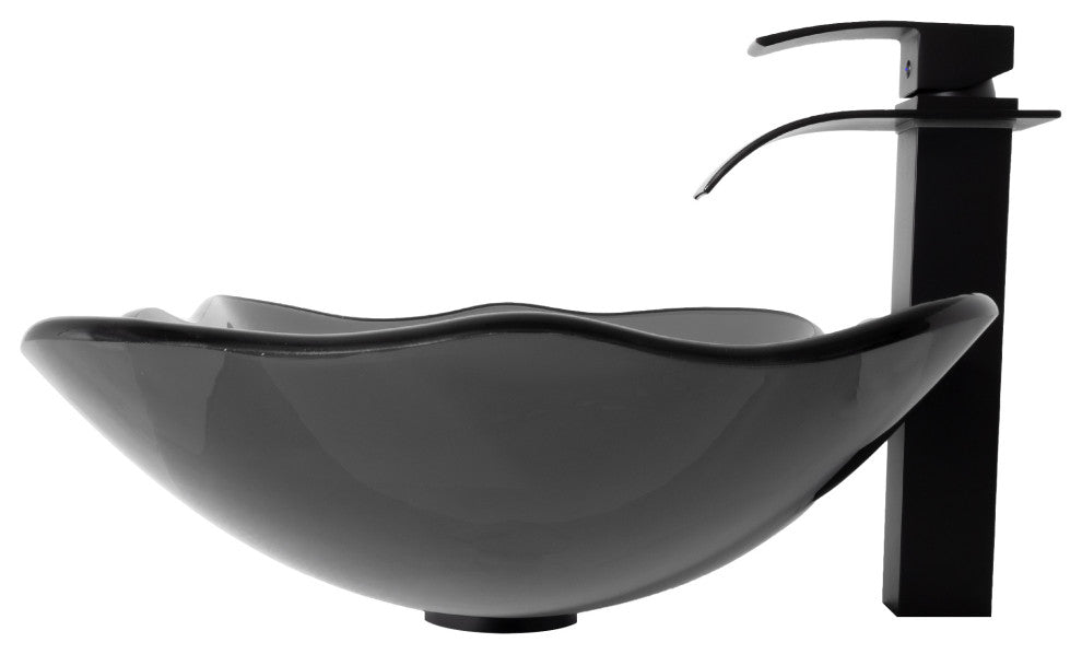 Rettangolare Clear Slate Grey Scalloped Glass Vessel Bath Sink Faucet Drain, Matte Black
