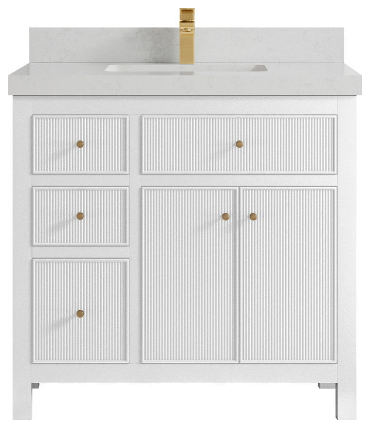 Sonoma 36 Center Sink Reeded Bath Vanity in White 2" Carrara Quartz