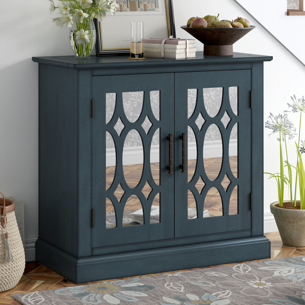 Wood Double Decorative Mirror Door Accent Cabinet, Blue, 30" X 14"
