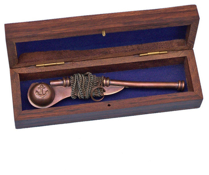 Boatswain (Bosun) Whistle With Rosewood Box, Antique Copper, 5"