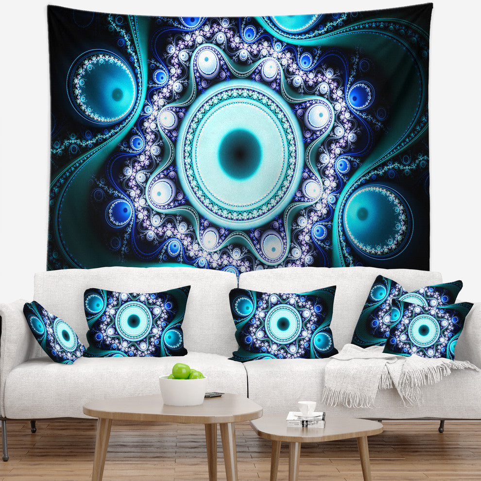 Turquoise Fractal Pattern with Circles Abstract Wall Tapestry, 39"x32"