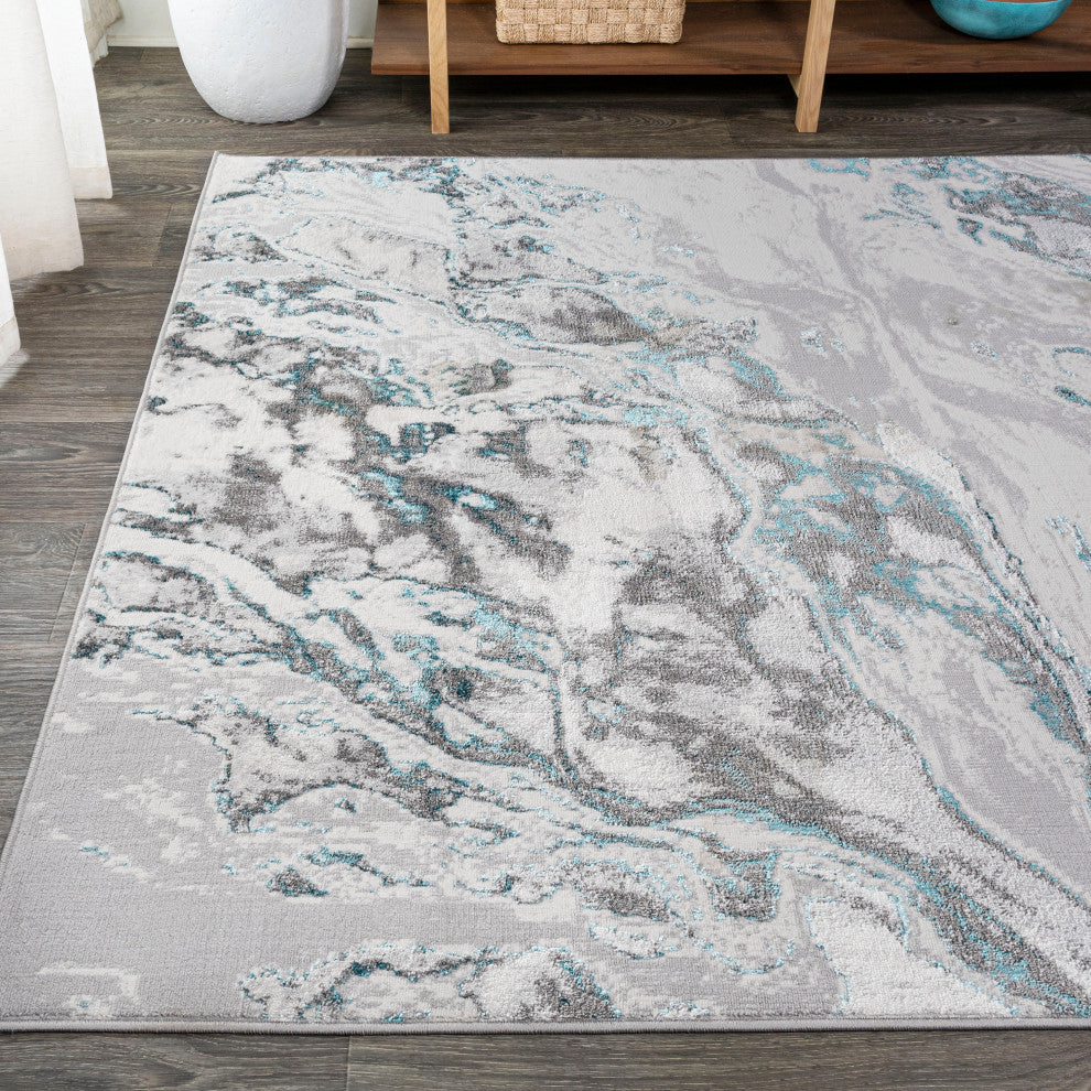 Swirl Marbled Abstract Area Rug, Gray/Turquoise, 3 X 5