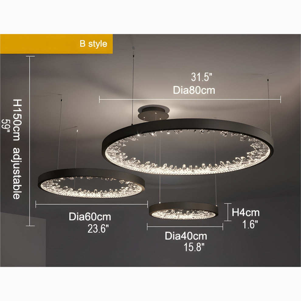 Altidona | Black Rings Modern Crystal Creative Luxury Hanging Led Chandelier, 3 Rings 4 Bases