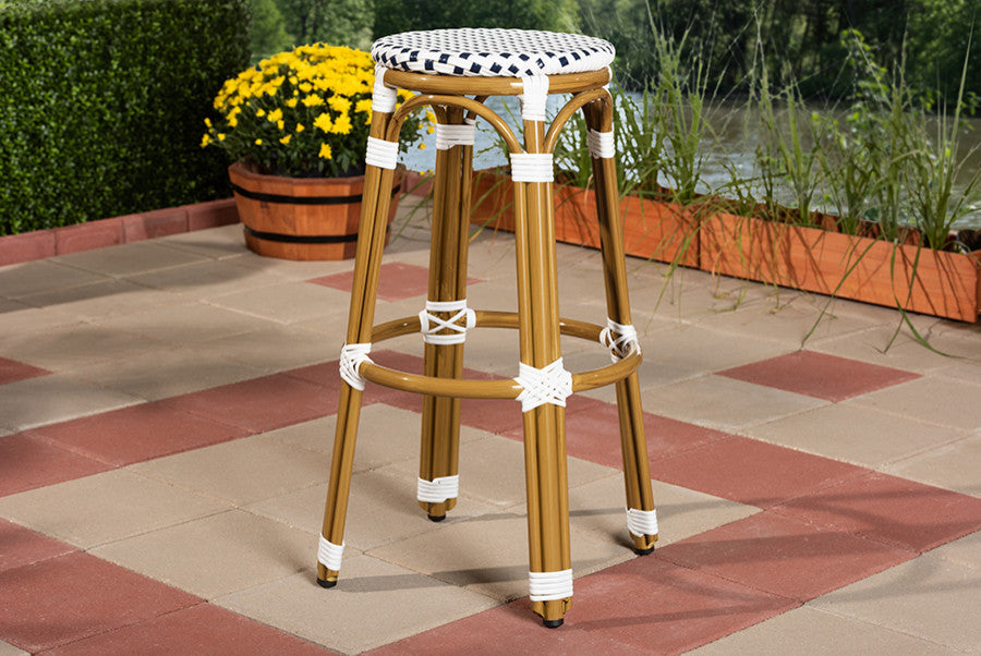 Indoor&Outdoor Navy and White Bamboo Style Stackable Bistro Bar Stool