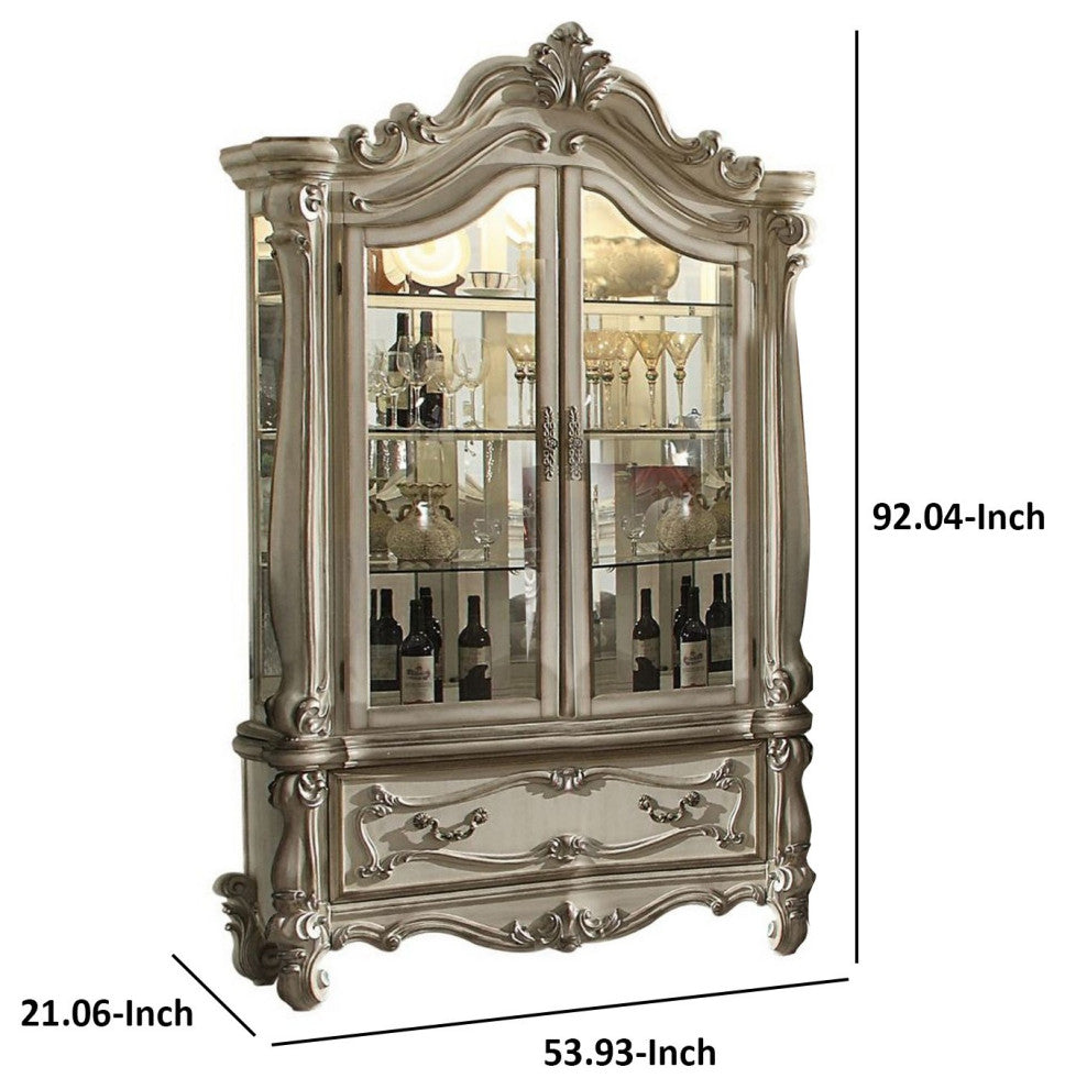 Benzara BM261794 Curio Cabinet With Scrolled Motifs and Touch Light, Off white