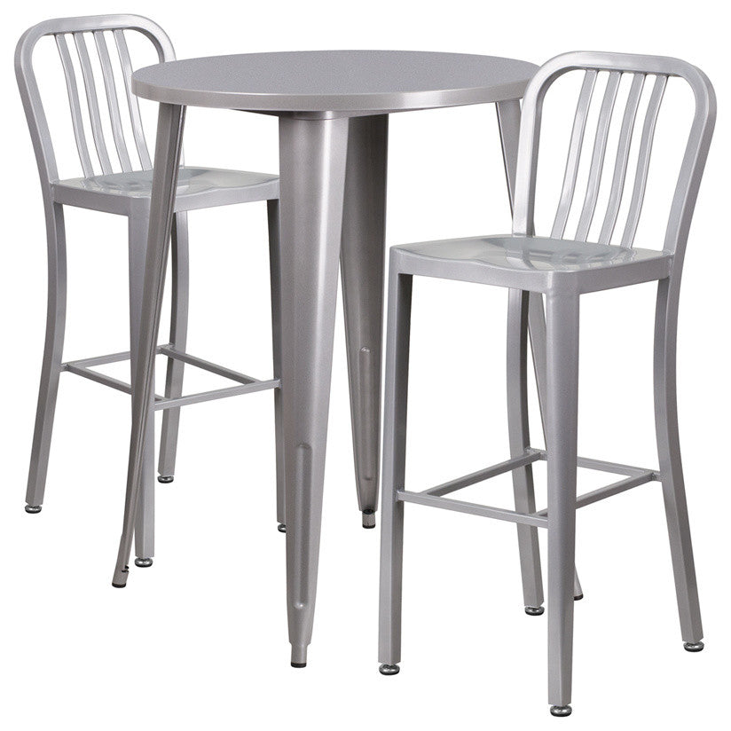 30" Round Silver Metal Bar 3-Piece Table Set With 2 Vertical Slat Back Stools