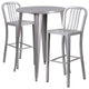 30" Round Silver Metal Bar 3-Piece Table Set With 2 Vertical Slat Back Stools