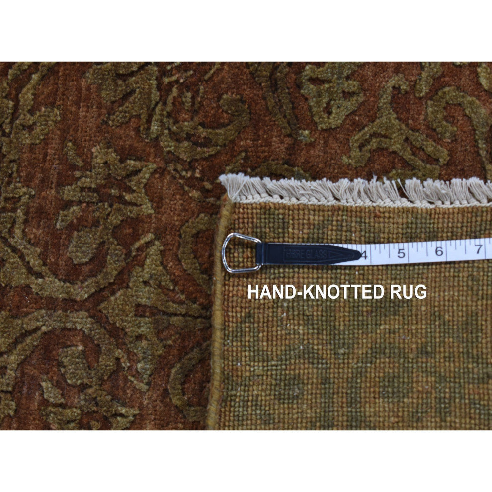 Brown, Abarasque Design, Wool and Silk Hand Knotted Runner Rug, 2'5"x11'4"