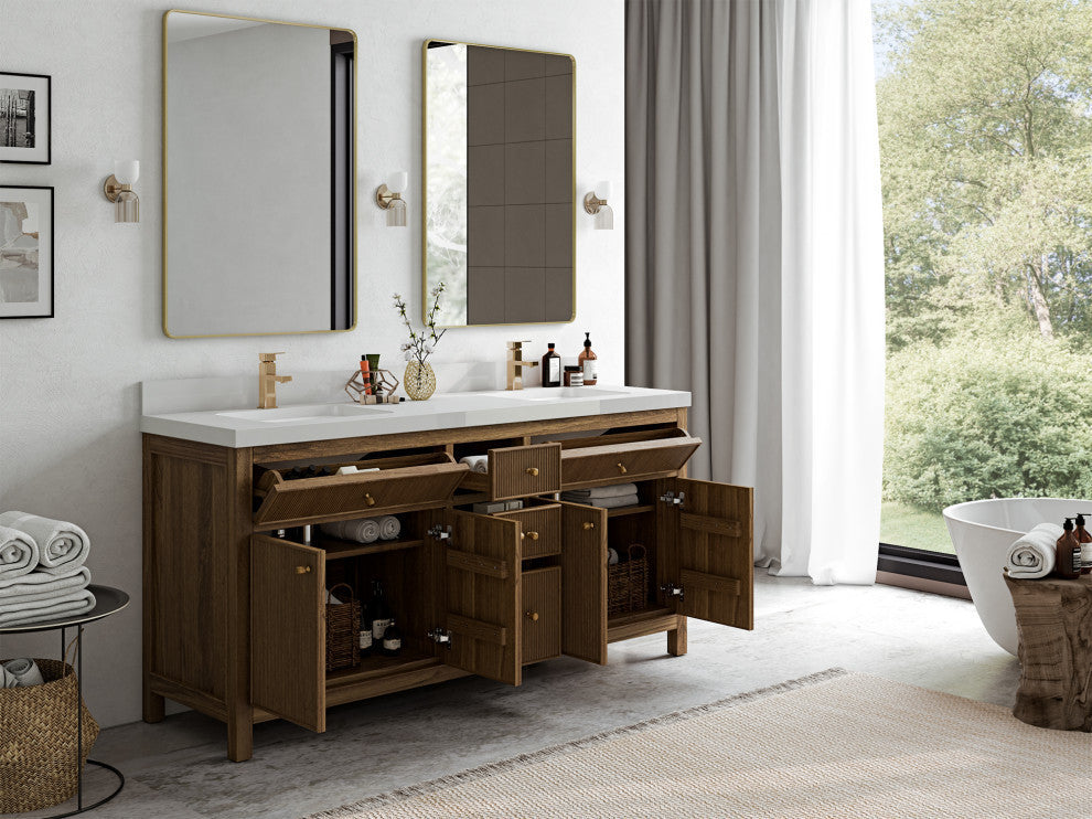 Sonoma Teak 72 Double Sink Bath Vanity in Dark Natural with 2" Carrara Marble