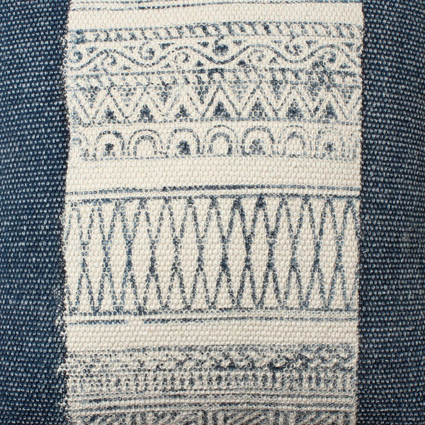 Benzara BM200551 18 x 18 HandWoven Cotton Pillow with Block Print White and Blue