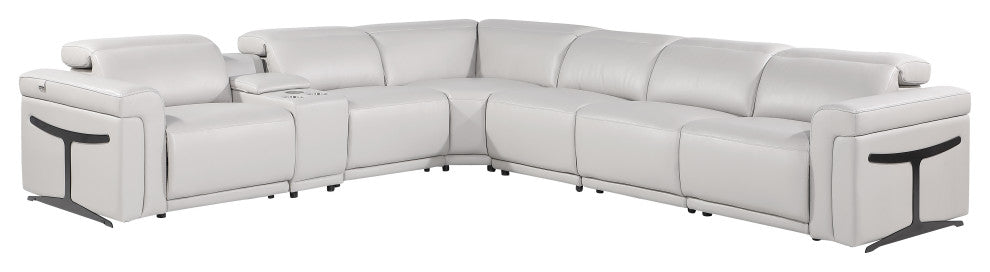 Giovanni 7-Piece 4-Power Reclining Italian Leather Sectional, Light Gray