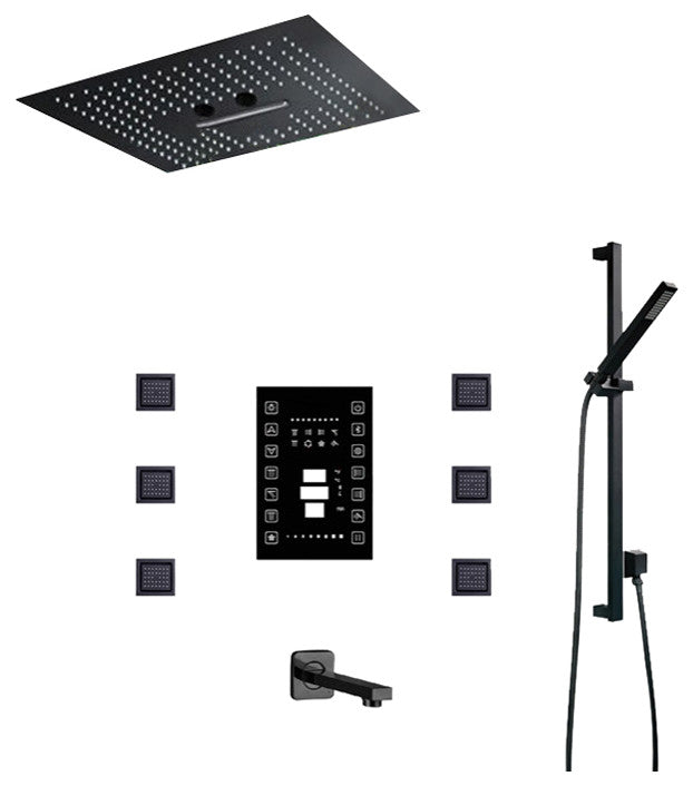 Led 16" Matte Black LED Remote Controlled Rainfall Shower System, 6 Body Jets