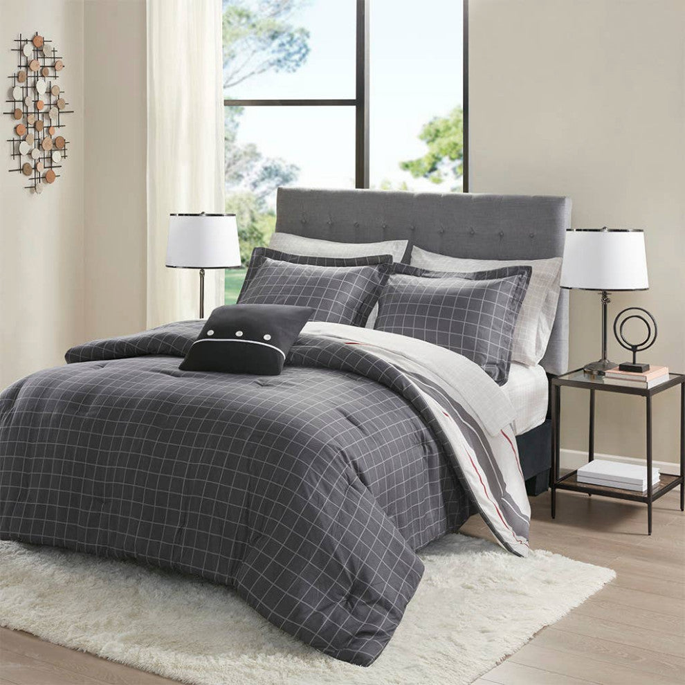Madison Park Essentials Dalton Reversible Comforter/Sheet Set, Grey, Queen