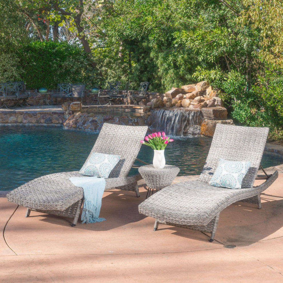 GDF Studio Crystal Outdoor Gray Wicker Chaise Lounge and Table, Set of 2