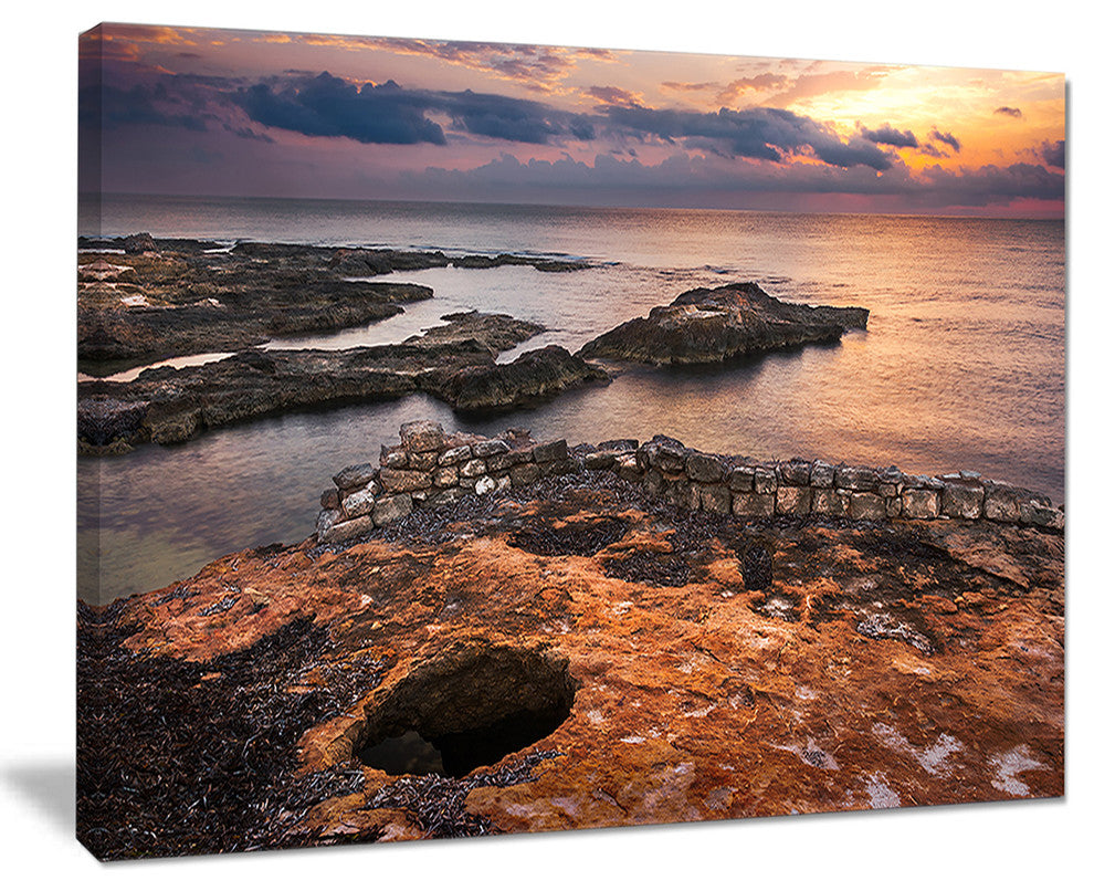 "Ancient Ruins On Beach Sunset" Oversized Beach Canvas Artwork, 20"x12"