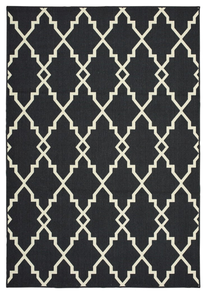 9??13??Black And Ivory Trellis Indoor Outdoor Area Rug