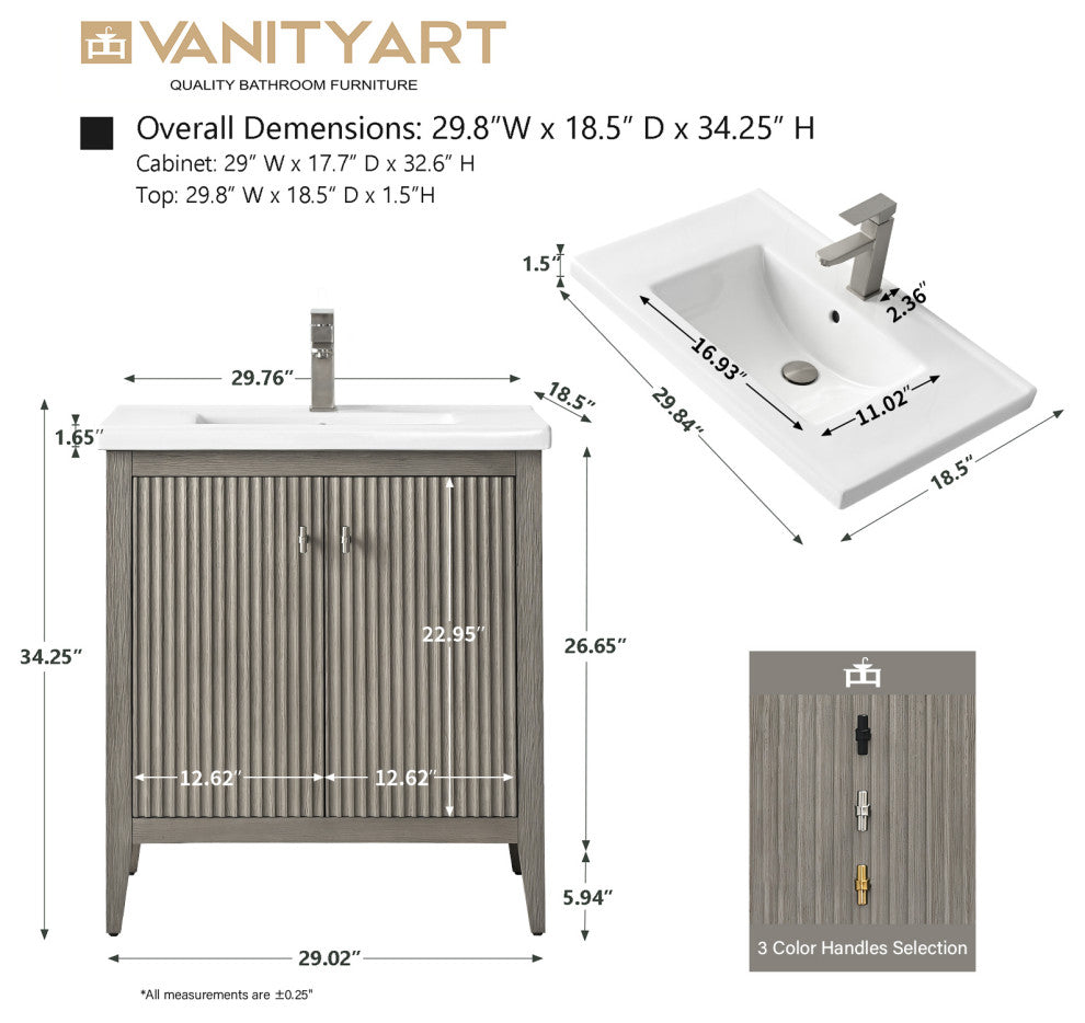 Vanity Art Freestanding Vanity, Driftwood Gray, 30", Single Sink, Brushed Nickel