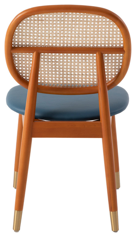 LeisureMod Holbeck Modern Dining Chair with Wood Legs and Wicker Back, Navy Blue