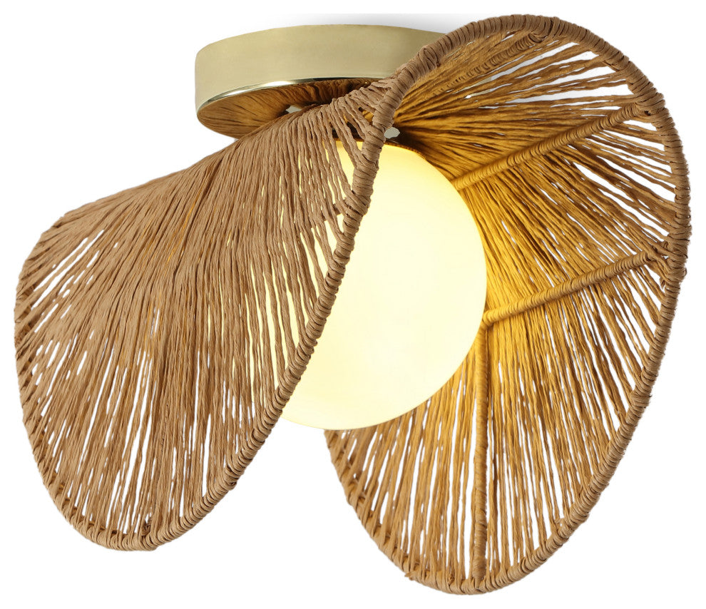 Sovev 1-Light Flush Mount or Wall Sconce, Frosted Glass Globe and Rattan Shade