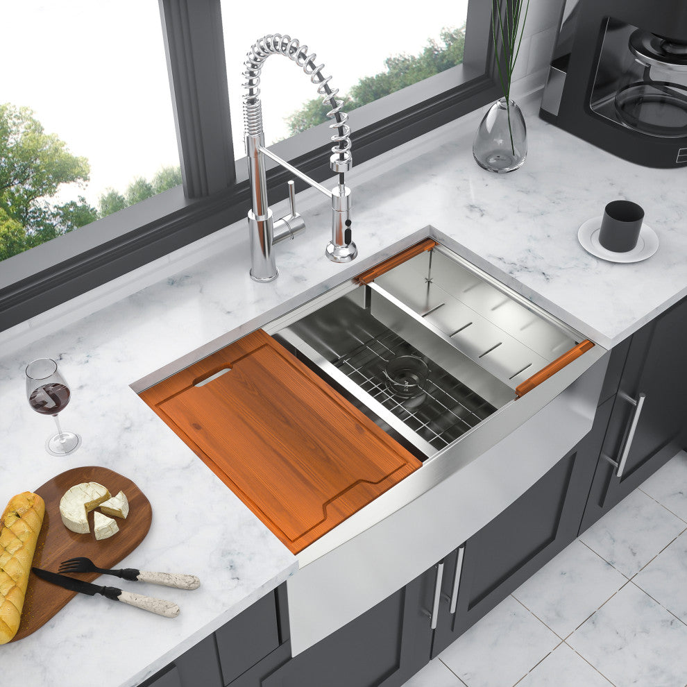 Stainless Steel Double Bowl Farmhouse Kitchen Sink, Workstation