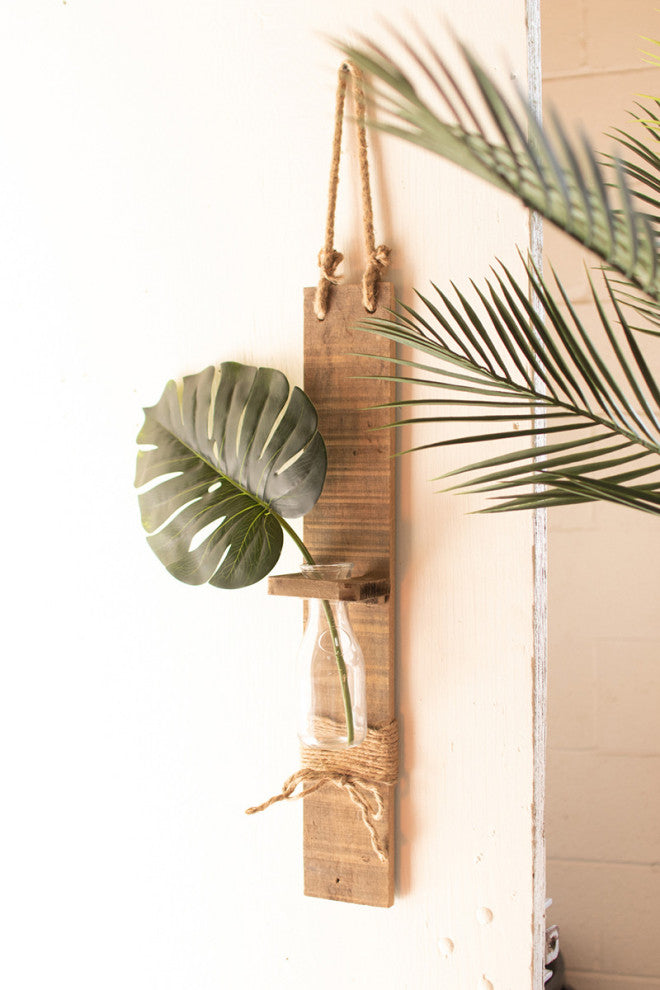 Kalalou Ccha1000 Glass Bottle Bud Vase On Recycled Wood With Rope Hanger