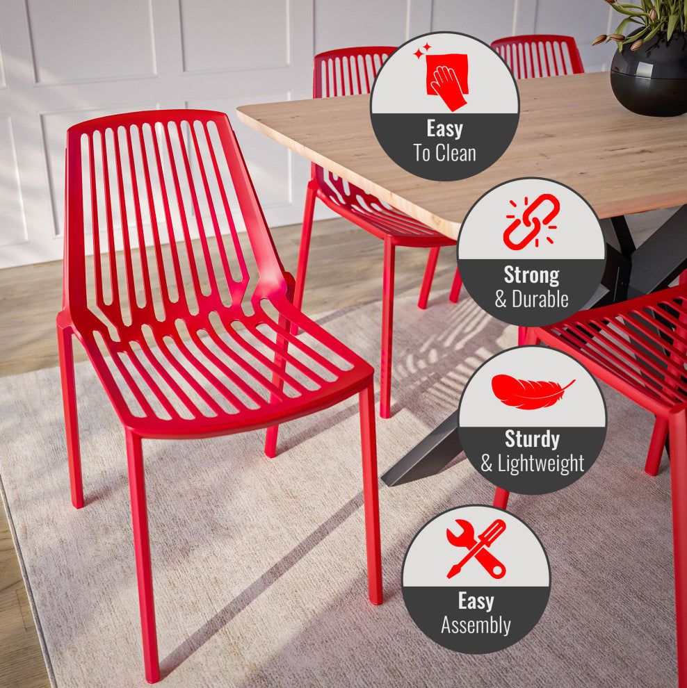 LeisureMod Acken Mid-Century Modern Plastic Dining Chair, Red