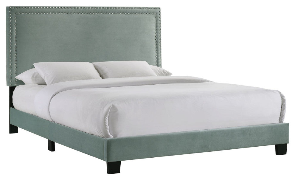 Picket House Furnishings Emery Upholstered Queen Bed With 2 Nightstands in Green