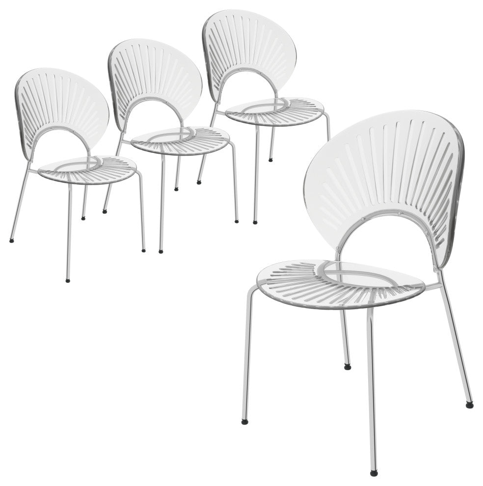 Opulent Plastic Dining Side Chair, Chrome Base Set of 4, Clear