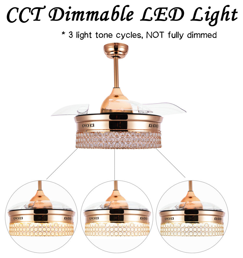 42" LED Retractable Ceiling Fan With Light Kit and Remote Control Included, Gold
